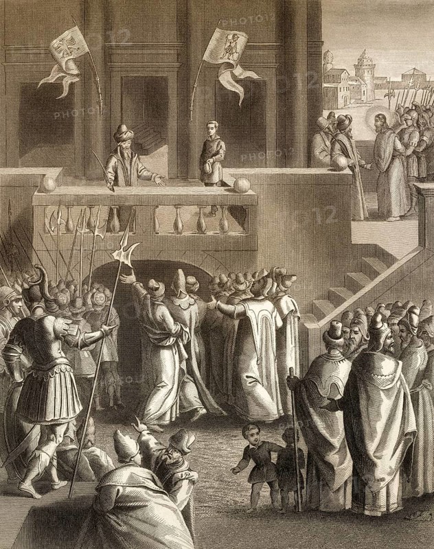 The Sanhedrin trial of Jesus, New Testament, steel engraving 1853, digitally restored
