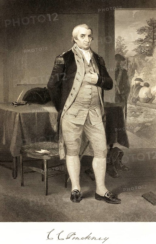 Charles Cotesworth Pinckney (1746-1825) politician and jurist, co-author of the Constitution of South Carolina, USA, room, standing, table, pen, soldiers, waistcoat, stool, portrait of famous Americans, signature, artist Alonzo Chappel, steel engraving, historical illustration 1862