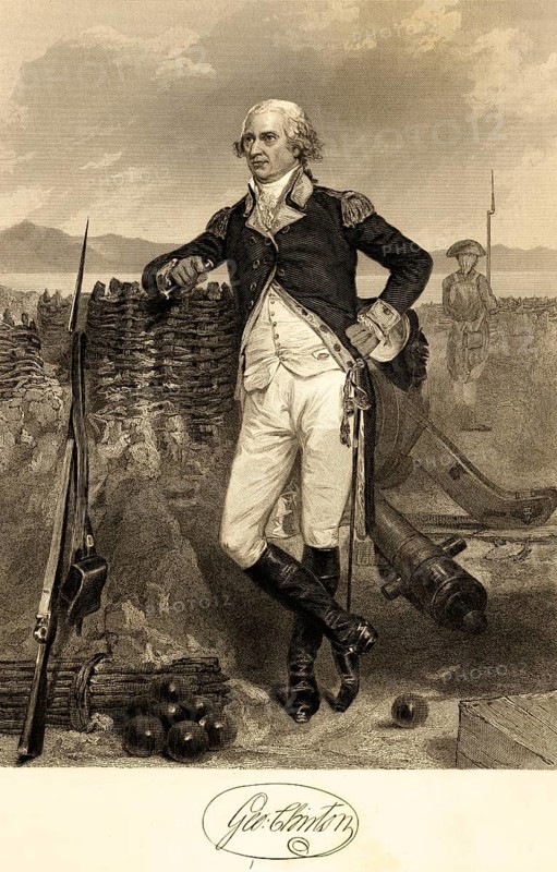George Clinton (1739-1812) politician, officer, first governor of New York, Vice President of the United States, USA, outdoors, uniform, rifle, cannon, cannonballs, sword, soldier, boots, serious look, standing, portrait of famous Americans, signature, artist Alonzo Chappel, steel engraving, historical illustration 1862