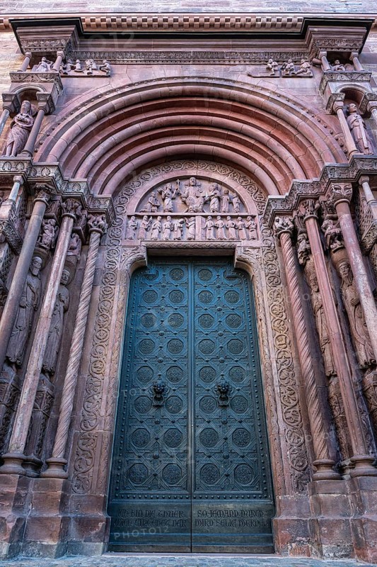The Gallus Gate, Gallus portal with sculptural decoration and column-supported tabernacles at the northern transept of Basel Cathedral, Old Town, Basel, Canton of Basel-Stadt, Switzerland