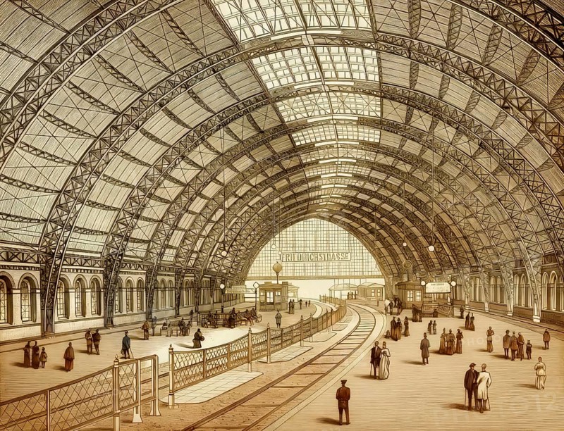 Historic illustration, 19th century, Friedrichstrasse railway station, hall construction, Berlin, Germany