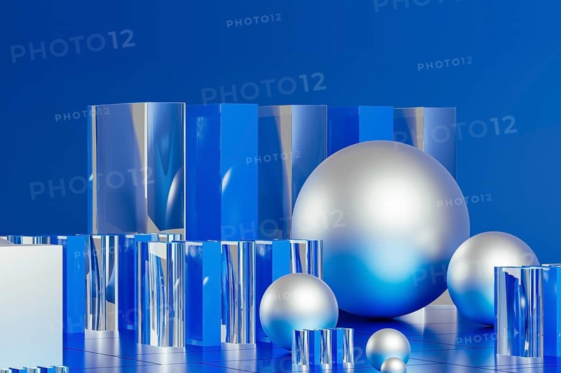 An array of geometric forms cast in blue illuminates a stunning 3D technological environment, showcasing reflective surfaces and intricate designs