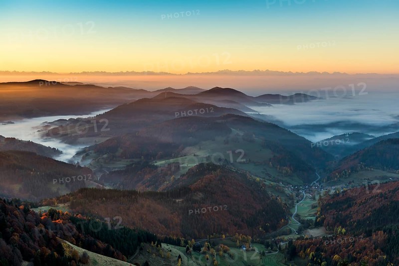 View from Belchen heading south of Wiesental and the Swiss Alps, morning atmosphere with fog in autumn, sunrise, Belchen, Black Forest, Southern Black Forest, Baden-Württemberg, Germany