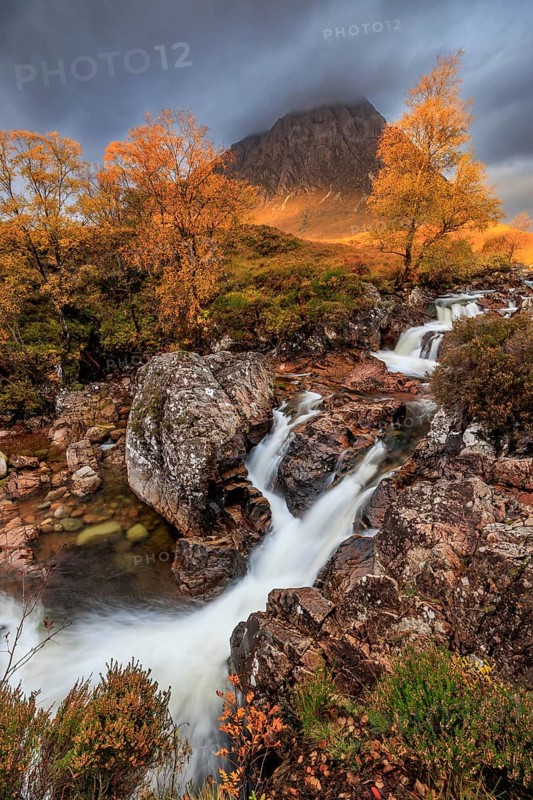 Waterfall, wild river, cloudy mood, morning light, autumn colours, autumn, mountains, Buachaille Etive Mòr, Glencoe, Scottish Highlands, Scotland, Great Britain
