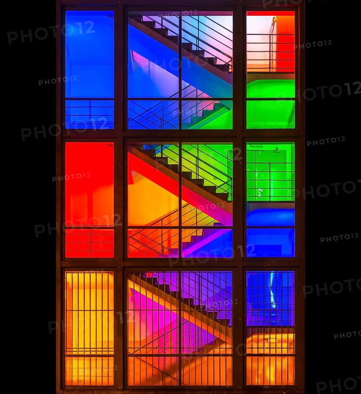 View through the windows of a brightly lit staircase. Frankfurter Mainova AG building, city center, Frankfurt am Main, Hesse, Germany