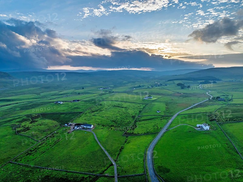 Forest in Teesdale over River Tees from a drone, North Pennines AONB, County Durham, England, United Kingdom
