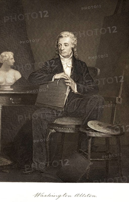Washington Allston (1779-1843) Writer, artist, portrait painter and landscape painter, classicism, romanticism, studies at the Royal Academy of Arts, Royal Academy of Art, London, room, chair, table, sitting, painter's palette, bust, pensive look, portrait of famous Americans, signature, artist Alonzo Chappel, steel engraving, historical illustration 1862