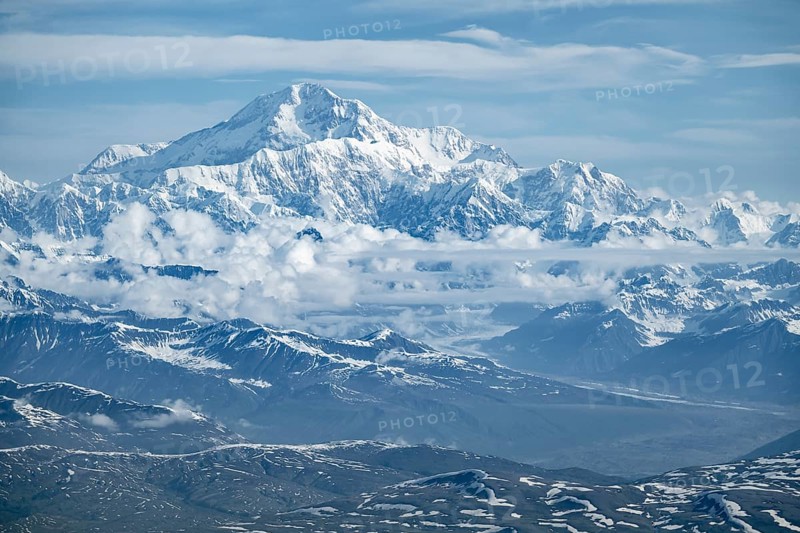 Panorama, clouds over high mountains, Mt Denali or Mount McKinley, aerial view, Alaska Range, Denali National Park, Alaska, USA