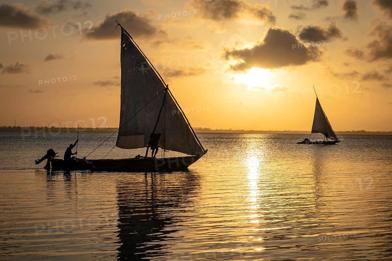 Two traditional sailboats are silhouetted against a serene, golden sunset on calm, reflective water in Zanzibar, Tanzania
