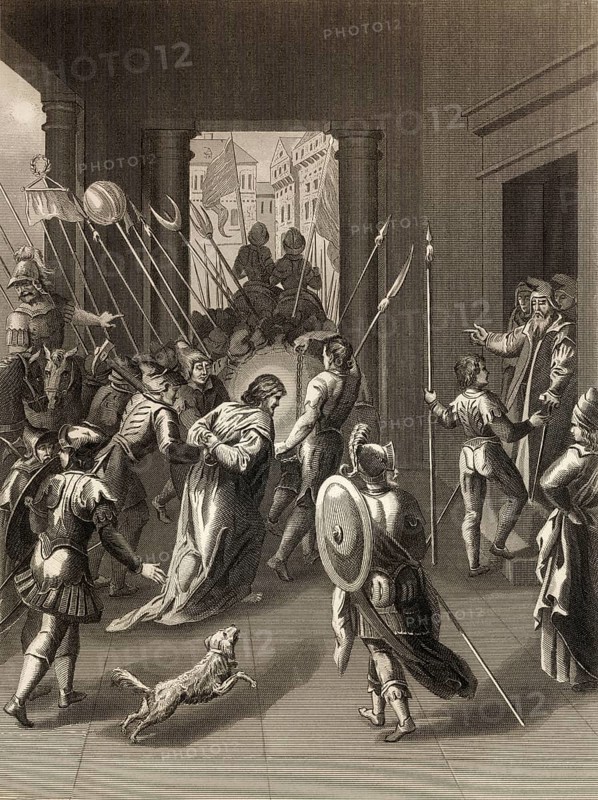 Jesus Taken to Annas, New Testament, steel engraving 1853, digitally restored