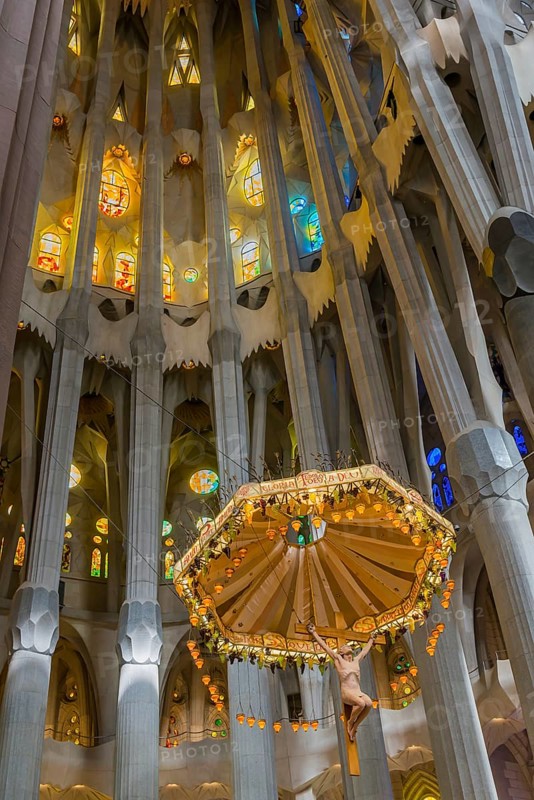 Interior view of the Familia Sagrada by the architect Antonio Gaudi in Barcelona, Spain