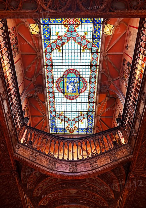 Livraria Lello, interior of the Lello bookstore, view from bottom to top of the magnificent ceiling glass window by Samuel Van Krieken, Porto, Portugal