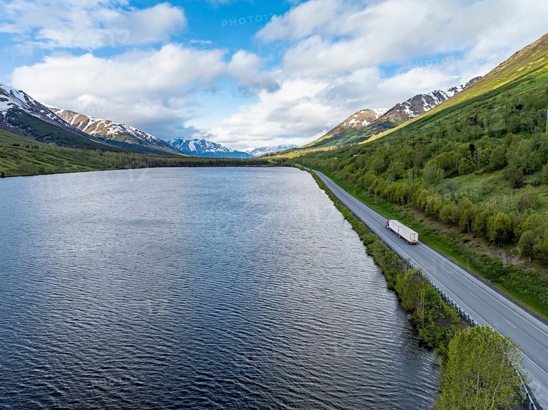 Lake Tern Lake and mountain landscape, aerial view, Moose Pass, Kenai Peninsula, Alaska, USA