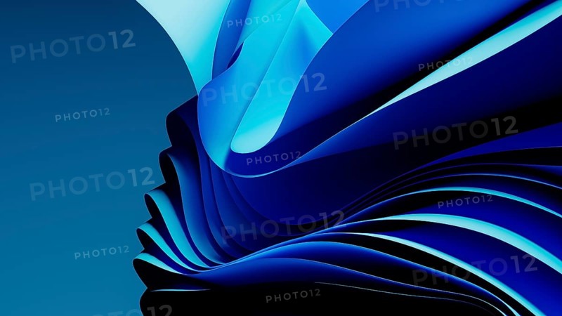 Smooth, flowing blue waves form an abstract background, resembling a digital landscape. The design evokes a sense of technology and modernity, suitable for various applications