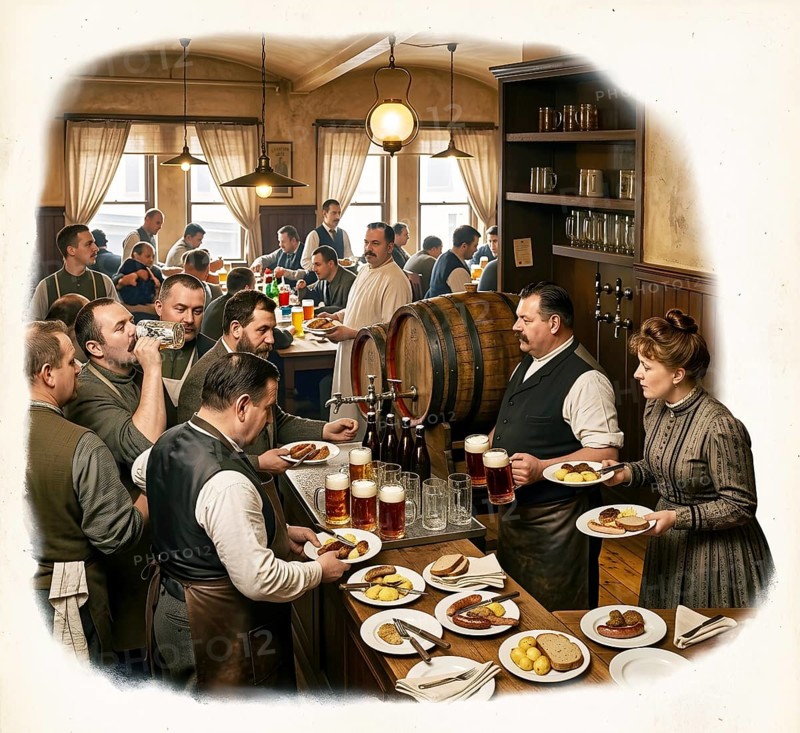 Canteen at Julius Sittenfeld, brewery, beer barrel, restaurant, tavern, alcohol, brewery, historical illustration, digitally edited