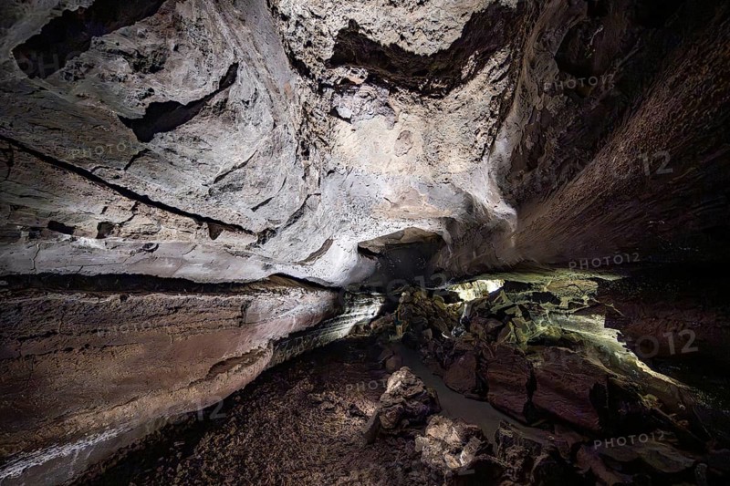Underground cave formed by lava flow, illuminated lava cave, Cueva de los Verdes, Lanzarote, Canary Islands, Spain