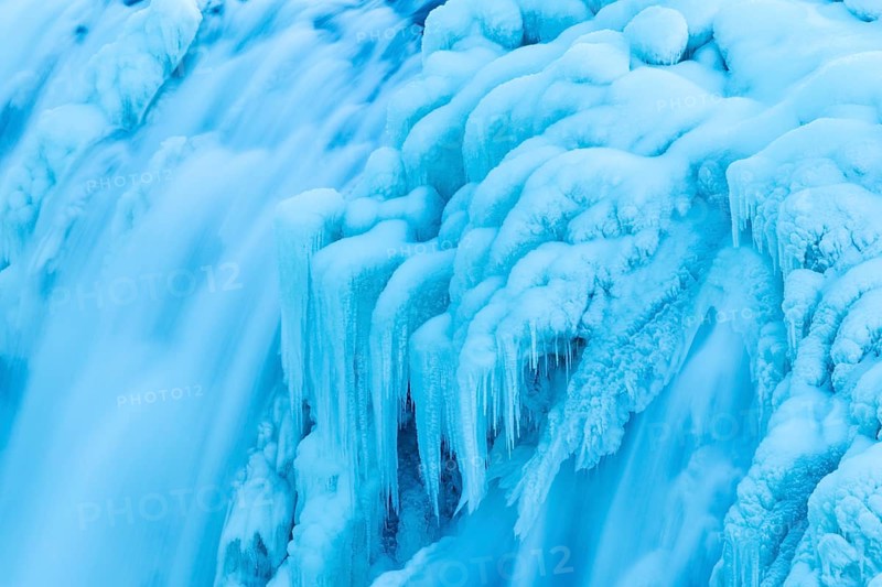 Gullfoss, waterfall of the Hvítá river, detail, ice, icicles, frost, snow, winter, Haukadalur, Iceland, Scandinavia