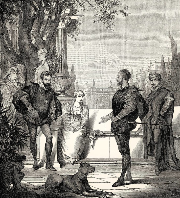 ACT I, SCENE IV., Princess, Leonora, Alphonso, Tasso, Antonio, scene from Torquato Tasso, a play by Johann Wolfgang von Goethe