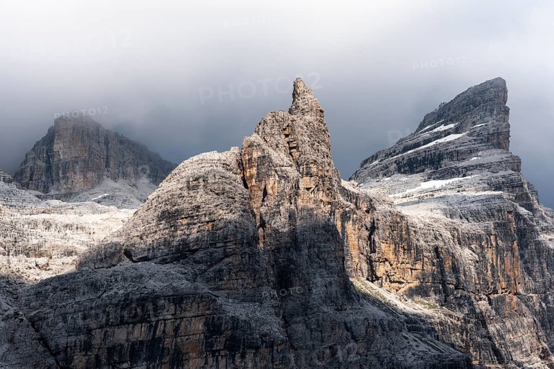 Cima falconer, Castelletto Superiore and Cima Sella mountain peaks, back Scharte Bocca di Tuckett, dramatic atmosphere in the Brenta Mountains, Brenta, Brenta-Adamello Natural Park, Trentino, Italy