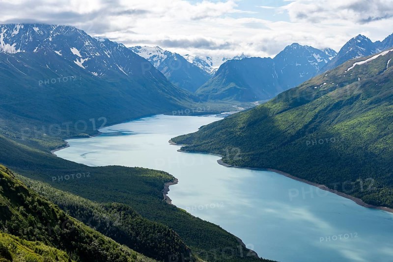 View of blue lake and mountains on Twin Peaks Trail, Eklutna Lake, Chugach Mountains, Chugach State Park, Alaska, USA