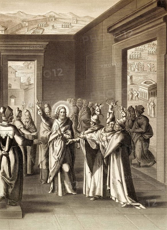 Jesus' debate with the Pharisees after the Feast of Tabernacles, steel engraving 1853, digitally restored