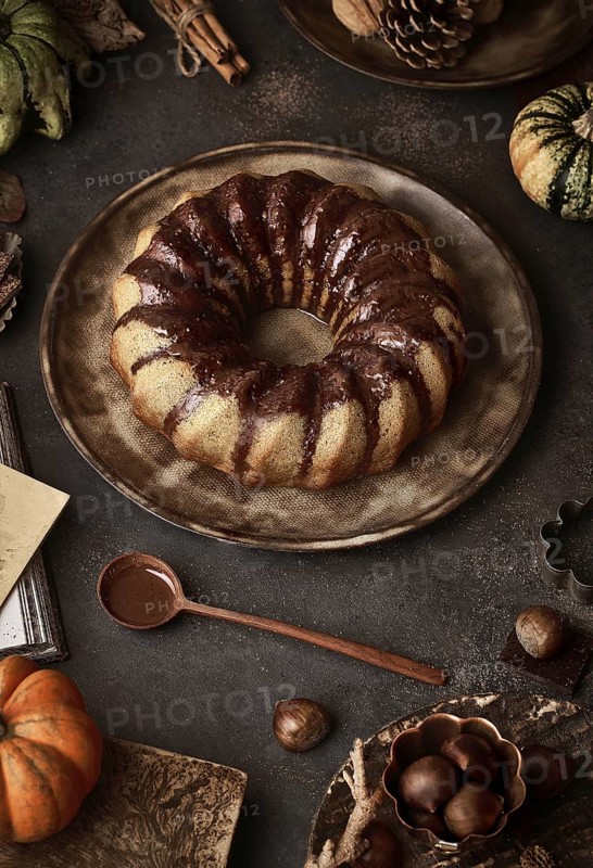 From above tasty appetizing pumpkin cake with chocolate cream on table decorated with autumn vegetables