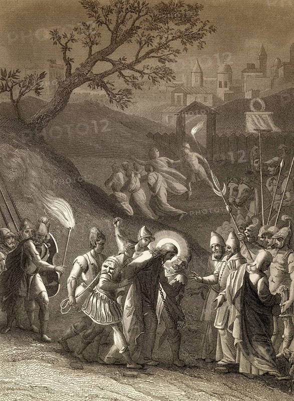 The arrest of Jesus Christ, Garden of Gethsemane, New Testament, steel engraving 1853, digitally restored