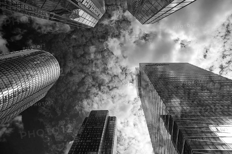 Skyscrapers in the modern high-rise La Défense district, black and white, Paris, France