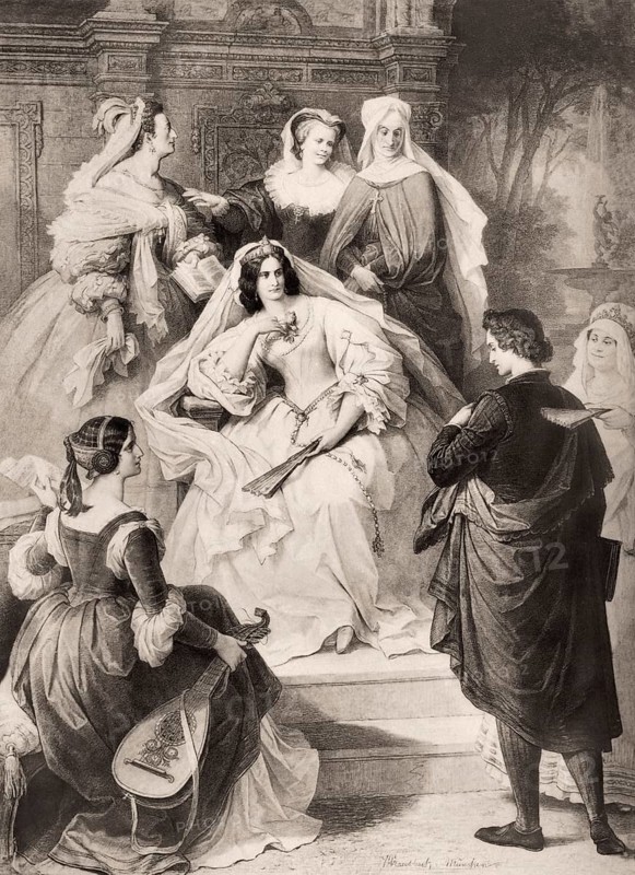 Torquato Tasso, a play by Johann Wolfgang von Goethe, scene from the second act, Leonore, meeting of Torquato Tasso with Eleonora d'Este, after Wilhelm von Kaulbach