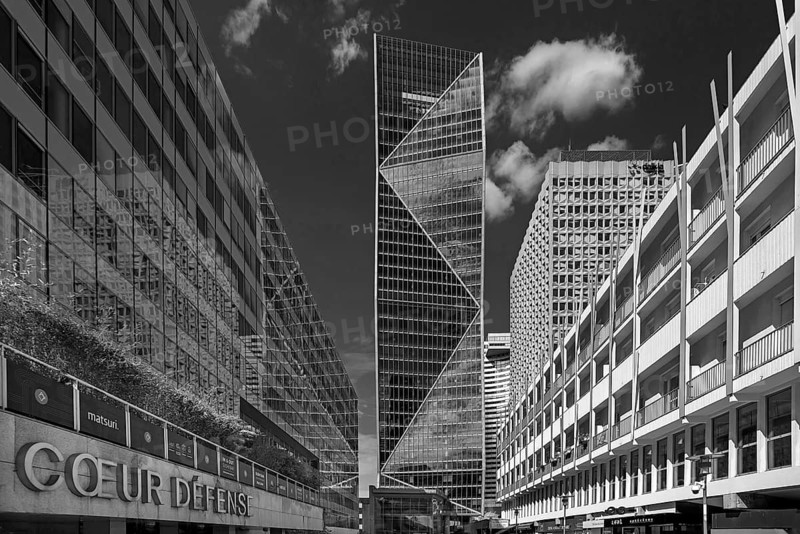 High-rise office buildings and employee apartments in La Défence, largest office building district in Europe, black and white, Paris, France