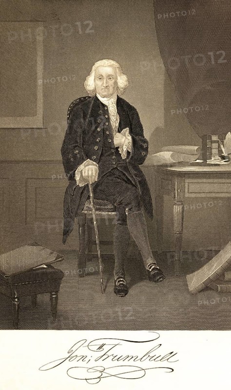 Jonathan Trumbull, also Trumble (1710-1785) politician, governor of Connecticut in colonial times, supporter of the colonial army against England, USA, room, desk, books, chair, sitting, walking stick, old man, waistcoat, long frock coat, critical look, stool, elegant clothes, portrait of famous Americans, signature, artist Alonzo Chappel, steel engraving, historical illustration 1862