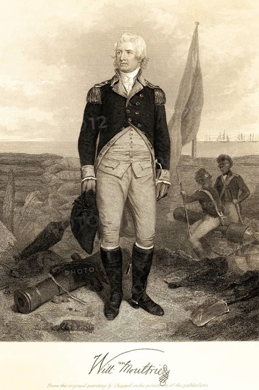 William Moultrie (1730-1805) politician and governor of South Carolina, general in the American War of Independence, officer, USA, outdoors, soldiers, rifles, sailing ships, cannon, uniform, boots, standing, flag, portrait of famous Americans, signature, artist Alonzo Chappel, steel engraving, historical illustration 1862
