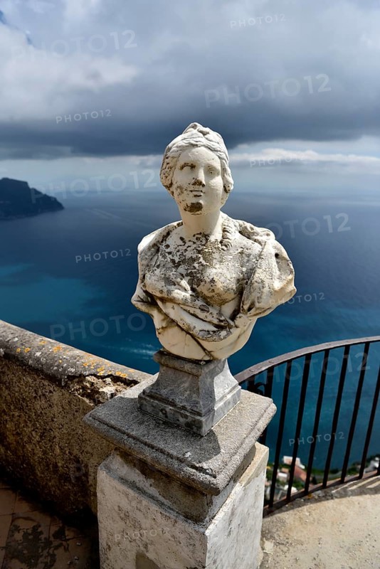 Marble bust at Terrazza dell'Infinito of Villa Cimbrone, Ravello, Amalfi Coast, Costiera Amalfitana, Province of Salerno, Campania, Italy