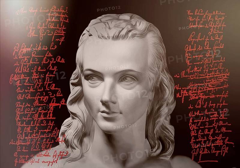 Portrait of Georg Philipp Friedrich Freiherr von Hardenberg, pseudonym and pen name Novalis, 1772 - 1801, German poet of Early German Romanticism, digitally edited after a bust at his grave, Hymns to the Night (Hymnen an die Nacht) written by Novalis
