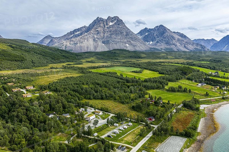 Campsite at Svensby, Lyngen peninsula, Lyngen Alps, aerial view, Norway