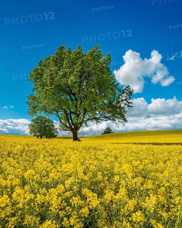 Large old solitary oaks in a blooming rapeseed field in spring under blue sky with cumulus clouds, Burgenlandkreis, Saxony-Anhalt, Germany