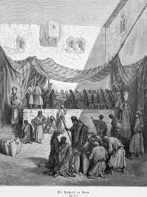 The wedding at Cana in Galilee, John, chapter 2, verse 1, banquet, eating, drinking, feast, table, many guests, Jesus, mother Mary, disciple of Jesus, courtyard, Cana, Christian religion, Bible, New Testament, steel engraving Doré, historical illustration 1885