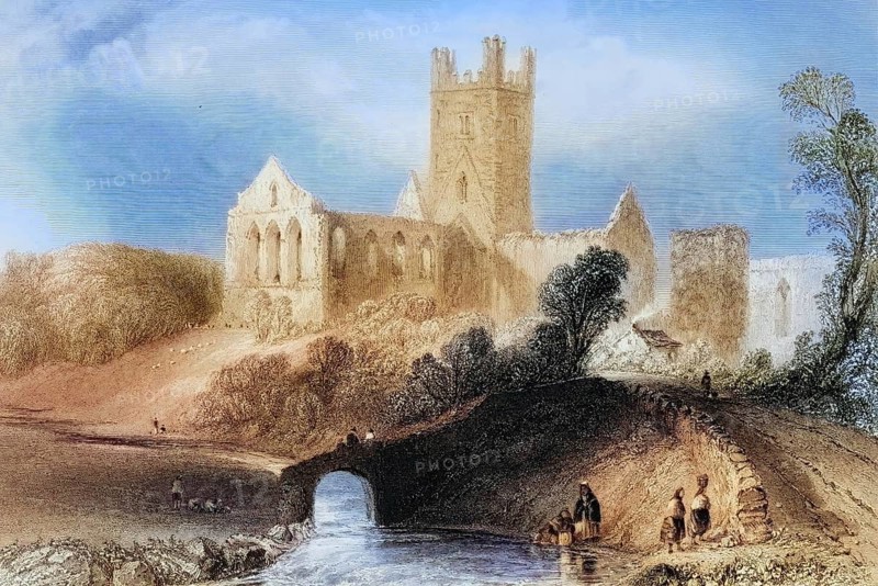Jerpoint Abbey, Thomastown, County Kilkenny, Ireland, from the Landscape and Antiquities of Ireland, 1841, digital reproduction of a historical model
