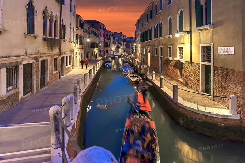 Gondola in the evening in a side canal in the Dorsoduro district, Venice, Veneto, Italy