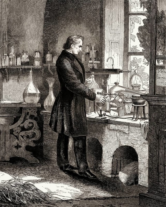 Justus Freiherr von Liebig, German chemist and scientist, digitally edited, in his laboratory at Gießen, Hesse, Germany