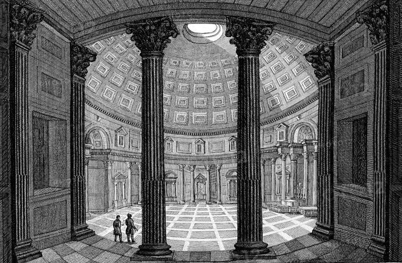 The interior of the Pantheon, sanctuary, Rome, Italy, Field of Mars, dedicated to gods, Roman sanctuary, ancient rotunda, dome, columns, people, hall, building, architecture, history, steel engraving, historical illustration 1835