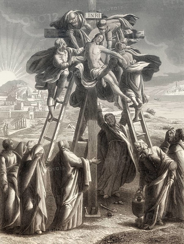 The body of Jesus is taken down from the cross by Joseph of Arimathea, New Testament, steel engraving 1853, digitally restored