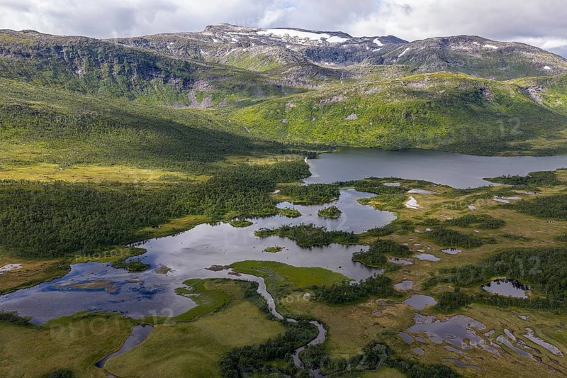 Lakes and rivers of the Svandalen nature reserve, Senja island, aerial view, Norway