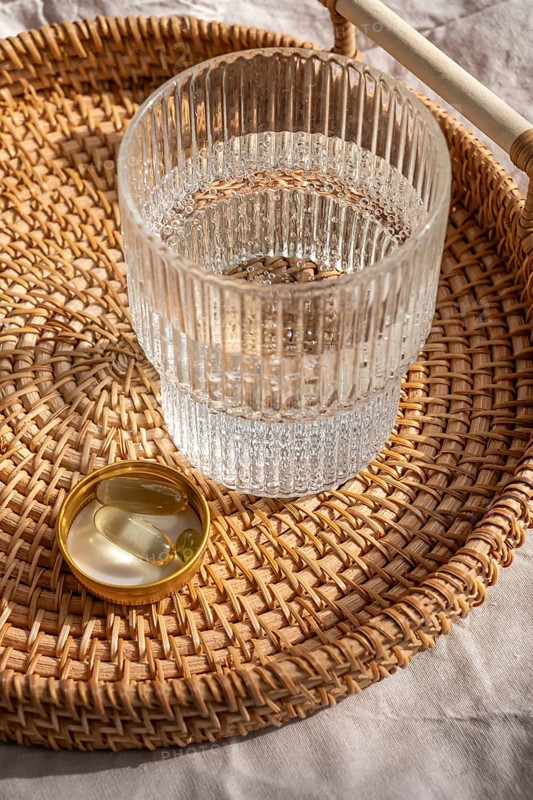 A well composed tableau featuring Omega 3 and Vitamin D3 supplements in a lid, accompanied by a glass of water, all set on a woven rattan tray in natural light