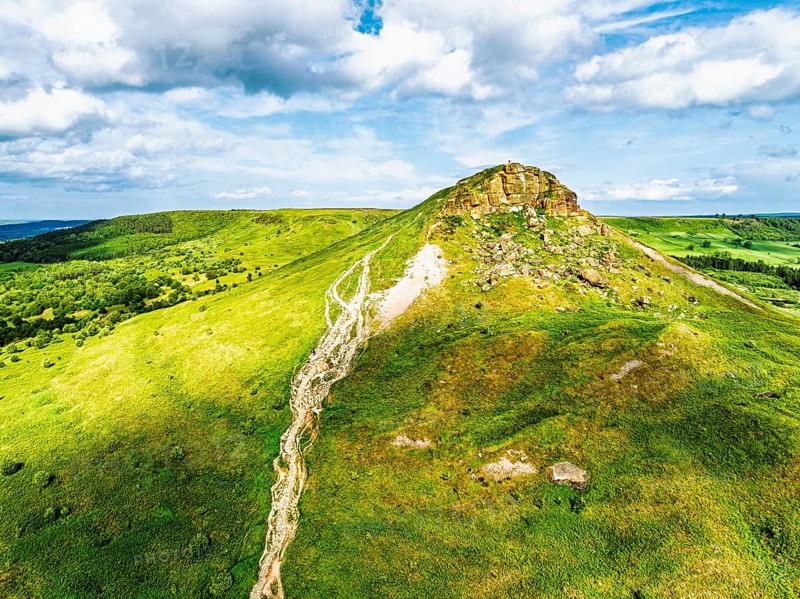 Roseberry Topping from a drone, Great Ayton, Newton, North Yorkshire, England, United Kingdom
