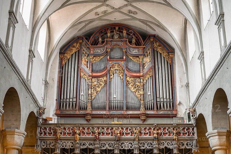 Magnificent historic organ in Konstanzer Münster, built 1954-55 by Klais including the brochure from 1520 and built in 1858 on a Renaissance gallery, Constance, district of Konstanz, Baden-Württemberg, Germany