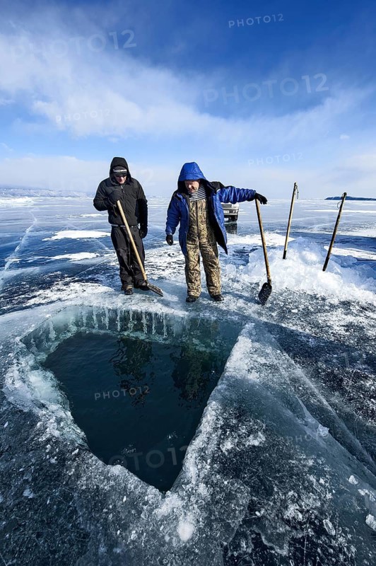 Hole in ice for scuba divers, Lake Baikal, Pribaikalsky National Park, Irkutsk Province, Siberia, Russia