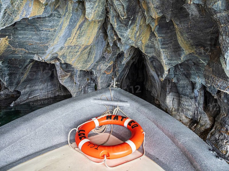 Excursion boat inside the marble caves, Puerto Sanchez, lake Lago General Carrera, Chile