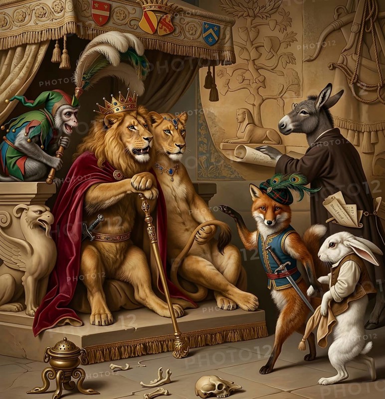 Reineke Fuchs and Meister Lampe in front of King Nobel, fable, animal fable, Aesop, fairy tales, literature, historical illustration, digitally edited