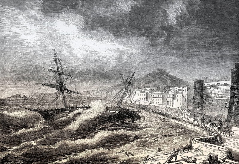 A Swedish two-masted sailing ship sinking before Naples Italy, November 20, 1862